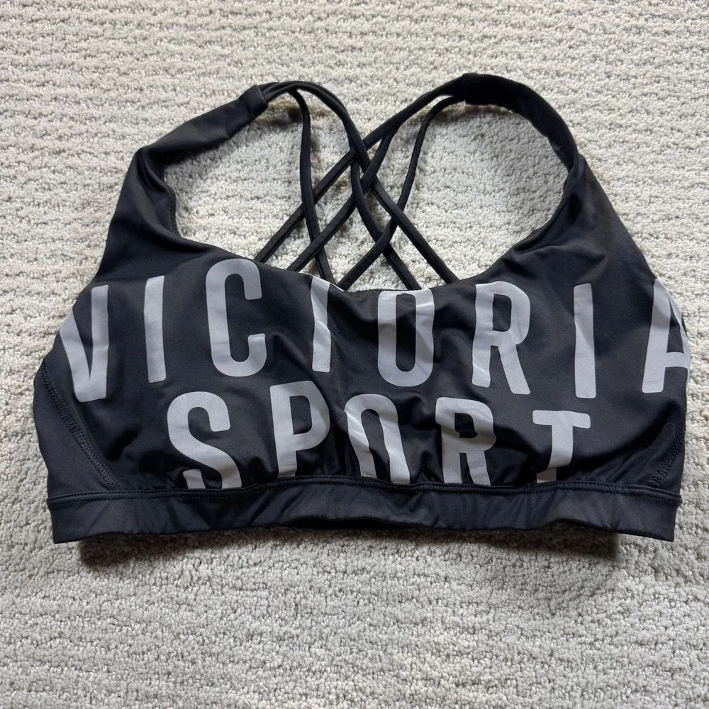 Victoria Sport Womens Large Sports‎ Bra Black Criss Cross Straps Logo Text
